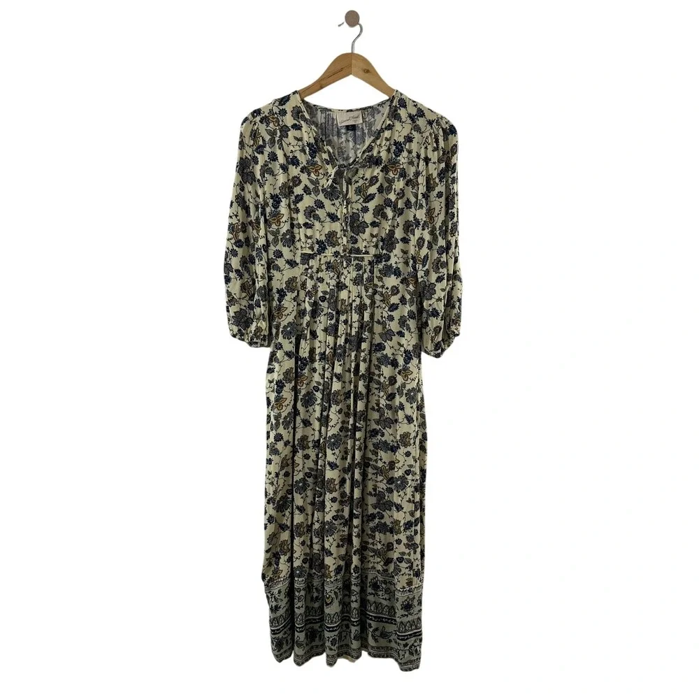 Universal Thread Floral Midi Dress XS Cream Navy Boho Puff‎ Sleeve Pockets Rayon